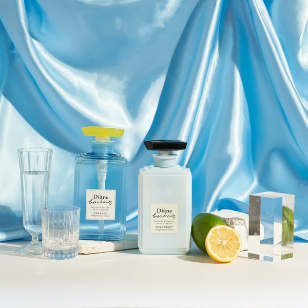 Bonheur BLUE JASMINE series Shampoo & Treatment with blue silk backdrop